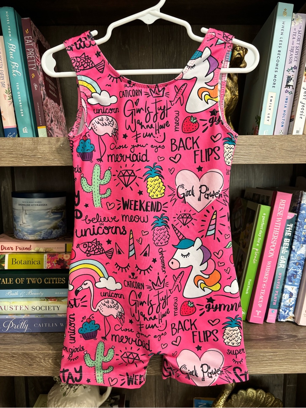 Gymnastics Leotard- Pink Girl Power Print, Size 100